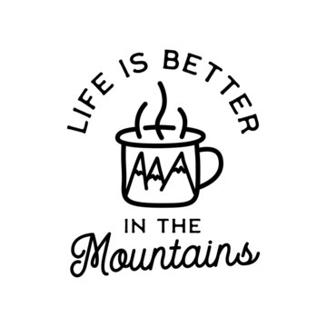 Outline logo of coffee cup with mountains picture and text