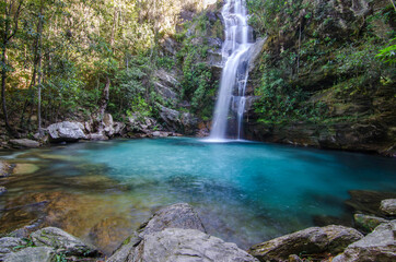 Beautiful Santa Barbara waterfall, with crystal clear blue turquoise water, near Cavalcante,...