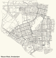Detailed navigation urban street roads map on vintage beige background of the quarter Nieuw-West (New-West) district of the Dutch capital city of Amsterdam, Netherlands