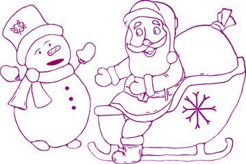 Santa and Snowman. Christmas Vector Illustration for banner and postcard