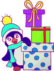 Flat  Vector Illustration. Penguin Christmas Card.  Penguin with gifts. Penguin with present boxes.