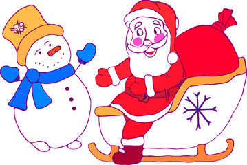 Santa and Snowman. Christmas Vector Illustration for banner and postcard