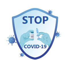 Concept of Vaccines to provention or fight against Coronavirus. Doctor hands with medical gloves holding vaccine bottle and syringe.