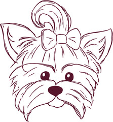 Sketch Funny dog Yorkshire terrier breed with pink bow. Hand drawing vector illustration.