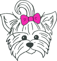 Sketch Funny dog Yorkshire terrier breed with pink bow. Hand drawing vector illustration.