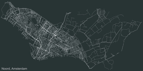 Detailed negative navigation urban street roads map on dark gray background of the quarter Noord (North) district of the Dutch capital city of Amsterdam, Netherlands