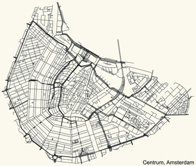 Detailed navigation urban street roads map on vintage beige background of the quarter Centrum (Central) district of the Dutch capital city of Amsterdam, Netherlands