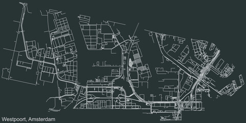 Fototapeta premium Detailed negative navigation urban street roads map on dark gray background of the quarter Westpoort (West Port) district of the Dutch capital city of Amsterdam, Netherlands