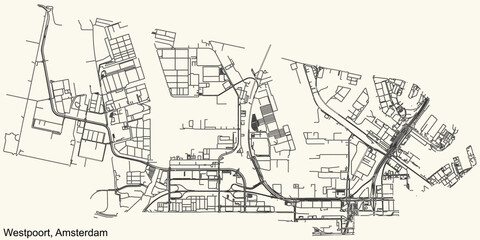 Detailed navigation urban street roads map on vintage beige background of the quarter Westpoort (West Port) district of the Dutch capital city of Amsterdam, Netherlands