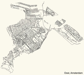 Detailed navigation urban street roads map on vintage beige background of the quarter Oost (East) district of the Dutch capital city of Amsterdam, Netherlands