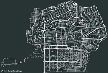 Detailed negative navigation urban street roads map on dark gray background of the quarter Zuid (South) district of the Dutch capital city of Amsterdam, Netherlands