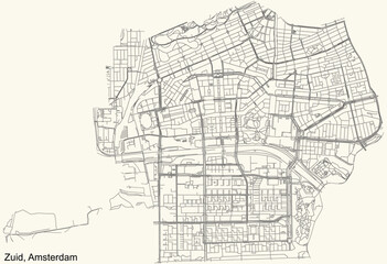Detailed navigation urban street roads map on vintage beige background of the quarter Zuid (South) district of the Dutch capital city of Amsterdam, Netherlands