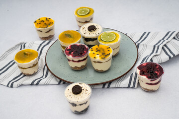 desserts with different flavors on a plate and cloth with a marble background