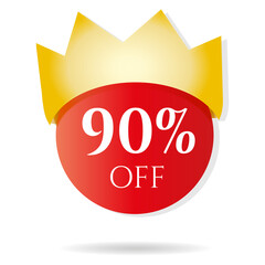 Special offer, discount, sale 90% off in the crown. The king of discounts. Advertising materials for the store, price reduction. Gold crown on red ball