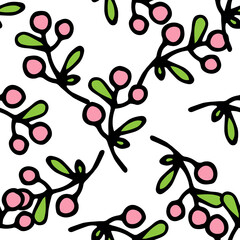 a pattern of a sprig of pink berries with green leaves. a seamless pattern of a doodle-style twig with round pink berries and green leaves, often placed on a white background for a design template