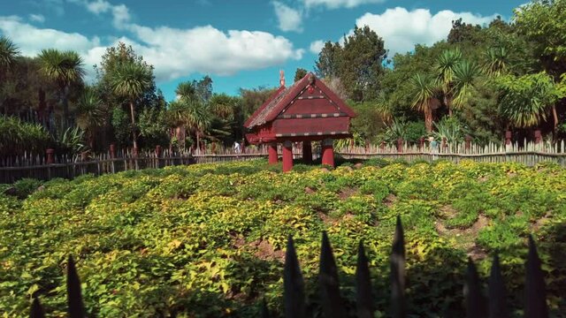Native Maori Carving and vegetable gardens In Hamilton Gardens. Waikato, Hamilton, New Zealand