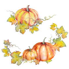 Autumn pumpkins with green leaves and branches. Watercolor illustration isolated on white background.