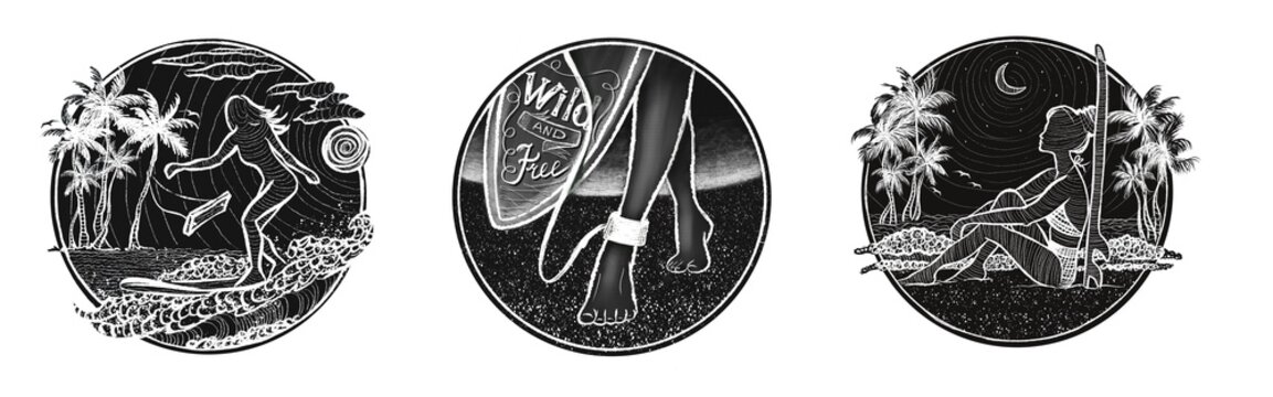 Girl with surfboard on the night beach, moonlight, leash. Slender graceful leg of the surfer girl. Wild and free. Barefoot girl with a board on a sand. Set of black isolated illustration, round icons