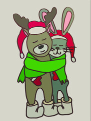 Elk and hare hugging wrapped in a warm scarf. Flat vector illustration.