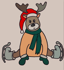 Cheerful deer sits in skates on the ice. Flat vector illustration.