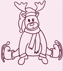 Cheerful deer sits in skates on the ice. Flat vector illustration.