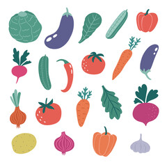 Set of cartoon vegetables in flat style. Potatoes, garlic, beet, cabbage, tomatoes, asparagus, pepper,  radish, onions, cucumbers, eggplant isolated on white. Vector illustration