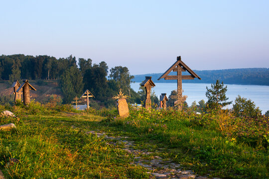 Old russian cementry on the hill top over the big river