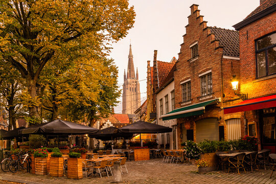Bruges in autumn, city center and the tower of the Church of Our Lady