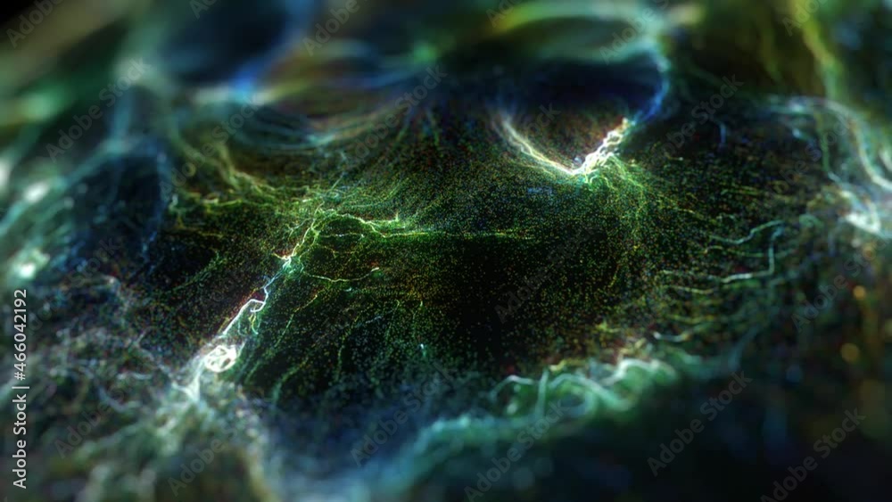 Poster neon multi-colored particle with bokeh, center rotation. seamless 4k loop