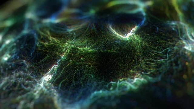 Neon multi-colored particle with bokeh, center rotation. Seamless 4K loop