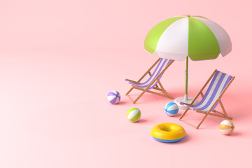 Beach chair with umbrella and beach ball on pink background. - obrazy, fototapety, plakaty