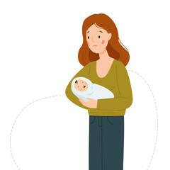 Postpartum depression. A woman is crying and holding a crying baby. Maternity crisis. 