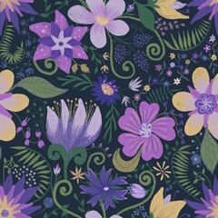 Fantasy magic garden seamless repeating pattern. Handdrawn backgroung illustration. Floral textile design.