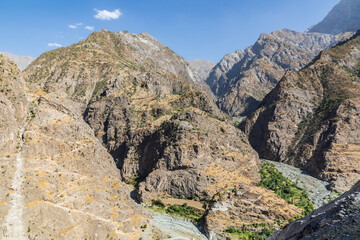 The canyon of the Panj River in rugged mountains on the border of Afghanistan and Tajikistan.