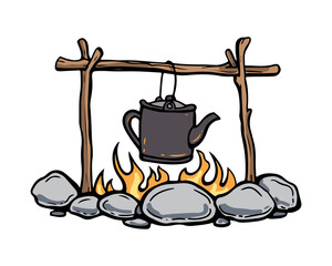kettle on the fire, camping, cartoon colorful vector illustration element