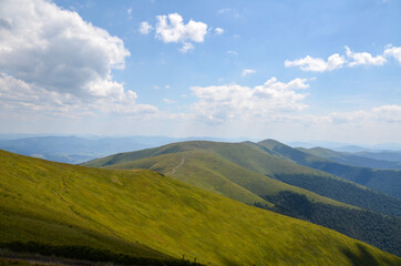 Fototapeta premium Grassy hills with beech forests under the gorgeous cloudscape. Beautiful landscape of mountain ridge of Carpathians, Ukraine 