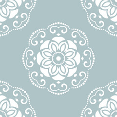 Floral ornament. Seamless abstract classic background with flowers. Pattern with white repeating floral elements. Ornament for fabric, wallpaper and packaging