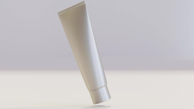 loop animation of plastic tube for cream, Cosmetic white package, gel, lotion, scrub, tonic, toothpaste, body care.  model bottle on gray background slowly rotates in air, alpha channel, 3d render