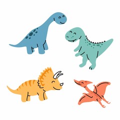 Cute dinosaurs doodles set scandinavian style. Funny cartoon dinos. Hand drawn vector doodle design for girls, kids. Hand drawn children's illustration for fashion clothes, shirt, fabric, wall poster