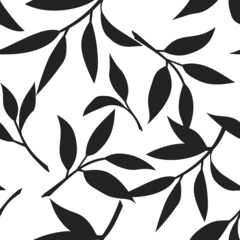 Vector black and white floral pattern. Seamless background with black silhouettes of branches with leaves.
