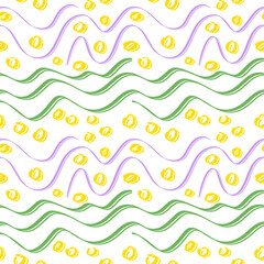 Seamless white background with green and purple double waves, yellow circles.
