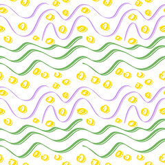 Seamless white background with green and purple double waves, yellow circles.