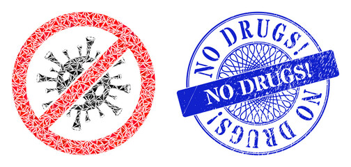 Stop flu virus collage of triangle items, and No Drugs! scratched stamp. Blue stamp seal has No Drugs! title inside round form. Vector stop flu virus collage is made from random triangle items.