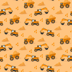 Pattern Yellow Big Truck and Tractor on the road. The background is children's illustrations of a grader with a bucket and a truck. Cartoon transport for textile children's fashion. Vector