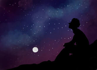 silhouette of a man under the night starry sky and full moon