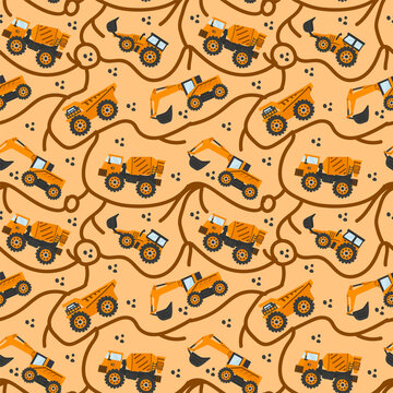Pattern for boys kids Big Truck. Children's background with illustrations of yellow Concrete mixers and Trucks. Cartoon Cargo transport in the doodle circle for textile fashion. Vector illustration