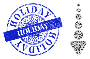 Arrow down collage of triangle, and Holiday unclean stamp seal. Blue stamp has Holiday title inside circle shape. Vector arrow down collage is organized of randomized triangle elements.