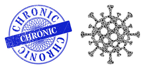 Flu virus collage of triangle particles, and Chronic rubber stamp seal. Blue stamp seal contains Chronic title inside circle shape. Vector flu virus collage is composed of random triangle dots.