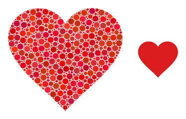Heart vector composition of round dots in variable sizes and color tones. Round dots are composed into heart vector mosaic. Abstract vector design concept.