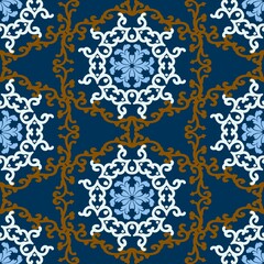 Decorative oriental ornament, seamless pattern. Vector patterned background. Vintage print. Blue, gold. For textiles, wallpaper, tiles or packaging.